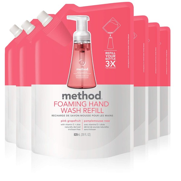 Method Foaming Hand Soap Refill, Pink Grapefruit, 28 Fl Oz, Pack of 6