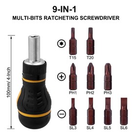 Bestgle 9 in 1 Stubby Ratcheting Screwdriver, Mini Multi-Bit Magnetic Screwdriver Tool with Torx Security, Flat Head, Phillips and 1/4 Nut Driver