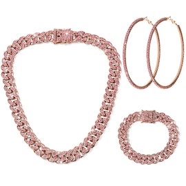 Batiyeer Link Chain Necklace Bracelet Rhinestone Earrings Bling Necklace Bracelet Crystal Big Circle Earring for Women(Rose Gold Pink, 16 Inch)