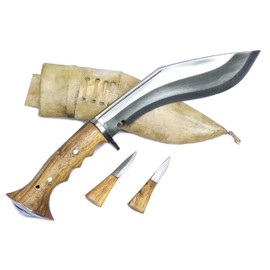 ESK Handmade Iraqi Kukri Knife |8 Inch Blade Carbon Steel Khukri - 5 Inch Rosewood Handle with White Leather Sheath and Two Small knives - Handmade in Nepal