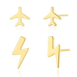 MTMY Gold Stud Earring for Women 14K Gold Plated Tiny Bar, Circle, Heart, Triangle, Star, Crown, Flower Dainty Earrings Jewelry (Airplane Lighting)