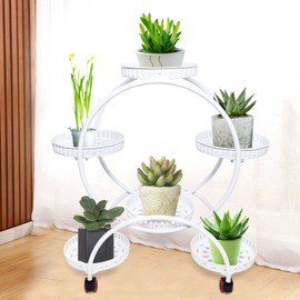 FFanhia Metal Plant Stands 6 Pots Plants Flower Holder 4 Tier Display Shelf Rack with Wheels for Patio Garden Yard Home Decor Indoor And Outdoor, Round White