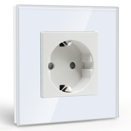 BSEED Schuko Socket, 1-Way Crystal Glass Panel Socket, Flush-Mounted Glass Socket, 16 A Socket, 86 mm, White, Extension Sockets, Wall Socket