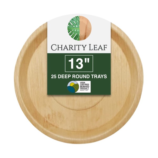 Charity Leaf Disposable Palm Leaf 13" Deep Round Trays (25 pieces) Bamboo Like Serving Platters, Disposable Boards, Eco-Friendly Dinnerware For Weddings, Catering, Events