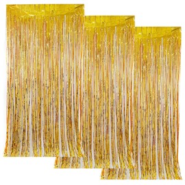 3 Pack 3.3 x 6.6 ft Gold Tinsel Fringe Curtains, Fajoeda Foil Backdrop Streamers Metallic Photo Booth Props Backdrop Curtain for Birthday Wedding Baby Shower Holiday Celebration Party Decorations