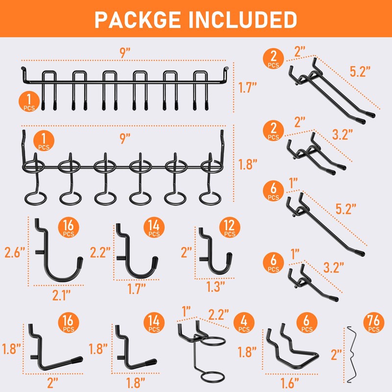 INCLY 176PCS Extra Thick Pegboard Hooks, 1/4" Heavy Duty Black
