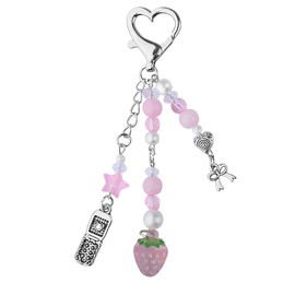 Strawberry Phone Charm Keyring for Car Keys Cute Keychain Y2k Aesthetic Accessories for Women Girls Y2k Keychain Strawberry Charms Bow Key Ring Pink Handbag Charms for Women Bags Car Keys Accessories
