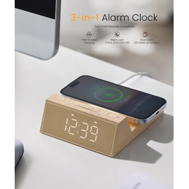 3-in-1 Alarm Clock with Wireless Charging & Night Light, Wood Grain