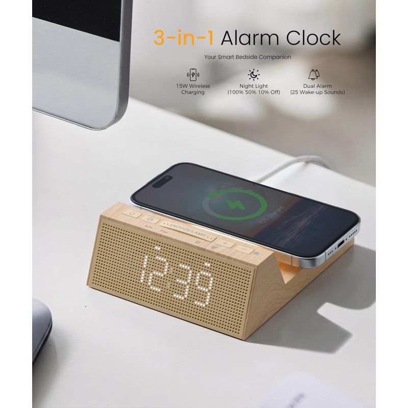 3-in-1 Alarm Clock with Wireless Charging & Night Light, Wood
