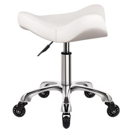 WKWKER Heavy Duty Rolling Stool - Modern White Multipurpose Stool - Thick Comfortable PU Leather Seat - Adjustable Height & 360 Swivel