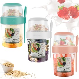 Syhnkzj Overnight Oats Jars,560ml Leakproof Container 2-Tier Breakfast On The Go Cups with Lid and Spoon,Portable Yogurt Oatmeal Measurement Marks (white+pink+green) (NO)