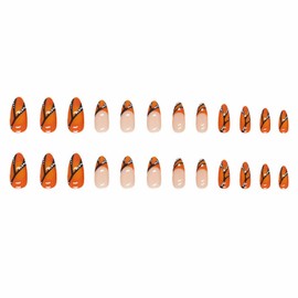 MISUD Press on Nails Medium Almond Fake Nails Glossy Glue on Nails Stiletto Acrylic Nails Orange French Tip Artificial Nails Butterfly Stick on False Nails with Design 24 pcs
