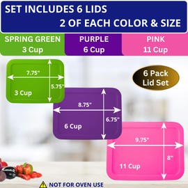 3, 6 & 11 Cup Spring Green, Purple, Pink Replacement Lids/Covers for Pyrex, Anchor Hocking & KlareWare Storage Bowls *Lids Only Glass Container Not Included* (6 Pack *Two of Each Size*)
