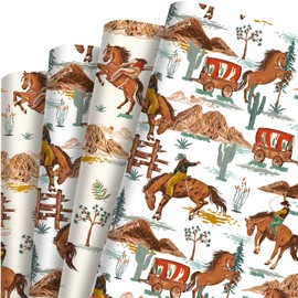 Sanixin 8 Sheets Western Cowboy Wrapping Paper Watercolor Wild Horse Cactus Desert Rodeo Gift Wrap Paper for Birthday Party Baby Shower Christmas Party DIY Craft, 19.7 x 27.6 In