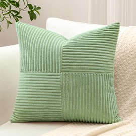 OTOSTAR Set of 1 Decorative Throw Pillow Cover Soft Corduroy Solid Square Pillow Cases Farmhouse Boho Striped Cross Patchwork Textured Cushion Cover for Sofa Car Bed Living Room 20x20 Inch, Sage Green