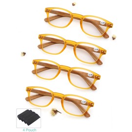 MODFANS 4 Pack Reading Glasses 4.0 Fashion Wood-Look Spring Hinges Stylish Readers Men Women Yellow