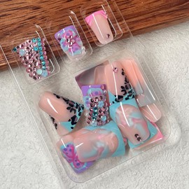 Jremg Colorful French Tip Press on Nails Duck Fake Nails with Rhinestones Designs Glossy Leopard Print French False Nails 3D Floral Full Cover Glue on Nails Reusable Acrylic Nails for Women 24Pcs
