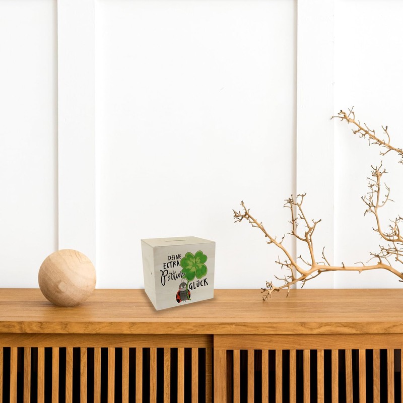 Ladybird Wooden Money Box with Saying "Deine extra Portion Glück