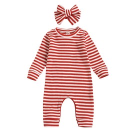 Aimaopao Newborn Infant Baby Girl Romper Bodysuit Girls Stripe Print One Piece Jumpsuit Pants Clothes Outfits (Stripe Long Sleeve Red, 9-12 Months)