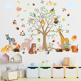 Wandtattoo Dschungel Tiere + Messlatte Kinder, Bäume, Giraffen, Elefanten, Zebras, Löwen, Füchse, Eichhörnchen, Vögel, wandtattoo kinderzimmer, Safari Wandsticker, Schlafzimmer/Wohnzimmer Wanddeko