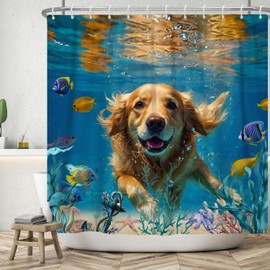 ASDCXZ Shower Curtain Dog 180 x 200 cm, Funny Dog Happy Swimming Underwater World Colourful Ocean Fish Washable Bath Shower Curtains Polyester Textile Waterproof Shower Curtain for Bath with 12 Hooks