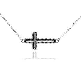 PZ Sterling Silver Women's Necklace, 925 Silver Chain with Sideways Cross Pendant, 18 inches, Exquisite Design, True Craftsmanship