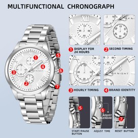 BY BENYAR AKNIGHT Men's Watches Analog Quartz Chronograph Waterproof Luminous Big Face Stainless Steel Strap Watches for Men Colourful Fashion Dress Men's Wrist Watches