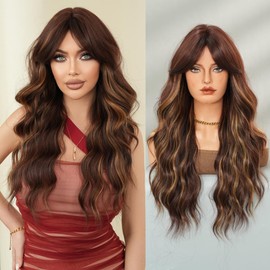 PARK YUN Curtain Bang Wig for Women 26 Inch Long Brown Ombre Blonde Highlight Wavy Curly Synthetic Heat Resistant Hair Replacement with Dark Roots for Daily Party