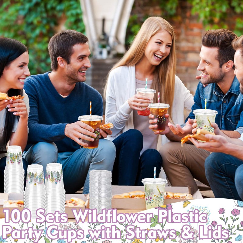 ZCPTZ 100 Sets Wildflower Plastic Cups with Straws & Lids