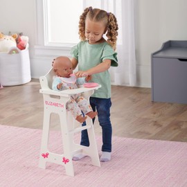 Badger Basket Wooden Baby Doll High Chair - Fits 18" Dolls - Includes Tray, Bib & Free Personalization Kit - Best for Toddler Girls for Pretend Play - White with Pink Gingham Seat