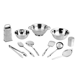Vinod Stainless Steel Cookware Set 11-Piece, Kitchen Starter Set Includes Mixing Bowls Set, Stainless Steel Colander| Kitchen Food Strainer, 4-Side Grater, Serving Spoons, Ladle & Utility Tongs