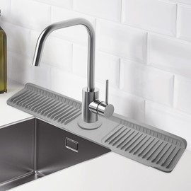 Opfiue 24 Inch Durable Silicone Faucet Mat, 6°Slope Quick-Dry Splash Guard Water Catcher Fasten Button Design, Mat for Kitchen Sink/RV Bathroom