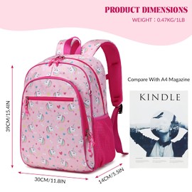 Ryushoyo Unicorn Backpack for Kids Girls Prechool Bags for Kindergarten Primary Bookbags for Back to School Children Gift Travel Lightweight Water Resistant 15 Inch with Chest Strap Pink