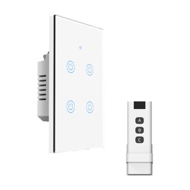 2.4GHz WiFi Wall Touch Smart Switch, 3 Way Multi-Control, Glass Panel, RF433 Remote Control, Alexa & Google Home Compatible, 1/2/3/4 Gang, White (4 Gang)