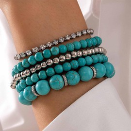 Cybche Boho Blau Türkis Armband Set Strass Tennis Armbänder Silber Rund Kugel Armband Türkis Stein Perlen Armbänder Mehrlagig Stapelbar Armband Schmuck Für Frauen