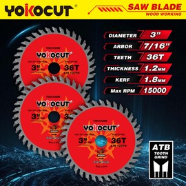 3 Inch Circular Saw Blade 36T (Tungsten Carbide Tooth) Compatible with 3 Inch Saws, Cutting for Wood, Plywood, OSB, Veneer, Plastic, 7/16" Arbor with 3/8" Bushings - 3 Pack