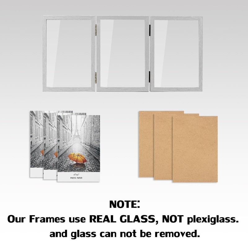 3 Picture Frame 4x6 Silver Triple Hinged MDF Wood with