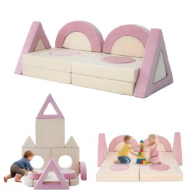 14Pcs Modular Soft Kids Play Couch Toddler Foam Sofa Modern Fort Building Climbing Indoor Play Convertible Sectional Furnituresize: 55.1*23.6*20.4inch, color: Pink+White