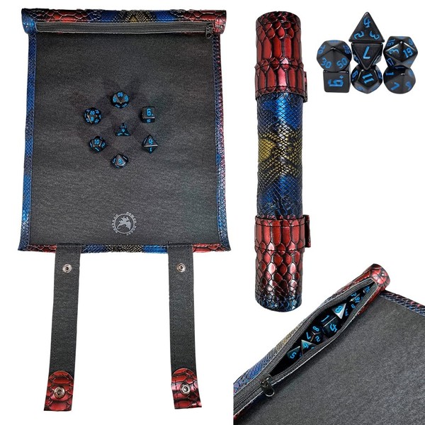 Power Beast Dungeon 2 in 1 Dice Rolling Mat & Dice Holder Dice Tray + Dice Set D&D Polyhedral DND 7pcs, Portable Foldable Gaming Scroll, Dungeons and Dragons, D&D, DND, RPG.