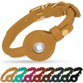 OOPSDOGGY Rolled Leather Dog Collar with Airtag Holder - Reflective Round Airtag Dog Collar - Soft Tracking Pet Collar for Small Dogs Puppy Cats Kitten (Camel, XXS, 7"-9")