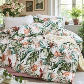 Green Palm Queen Bedding 100% Cotton Duvet Cover Set Breathable Soft Bed Set Aesthetic 3 Pcs Botanical Leaf Comforter Covers