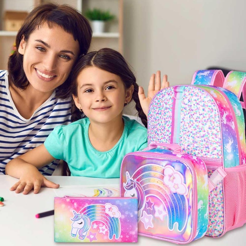 UFNDC 3PCS Unicorn Backpack for Girls, 16”Kids Sequin Bookbag with