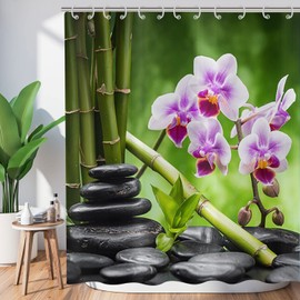 Hnmdmyi Zen Garden Shower Curtain, 180 x 200 cm, Spa Green Bamboo, Black Stone, Purple Flower, Bathtub Curtain, Japanese Meditation, Relaxing, Waterproof, Polyester Fabric, Washable Bath Curtain with