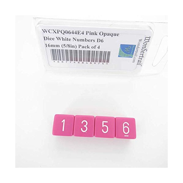 Pink Opaque Dice with White Numbers D6 Aprox 16mm (5/8in) Pack of 4 Wondertrail