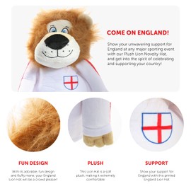 England Lion Football Hat - Pack of 1 - Plush Lion Hat Wearing England Kit with St George Cross - English Sports Supporters Novelty Hat Fancy Dress Accesssory