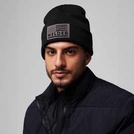 GUMMAUC Welder Gifts for Men, Cuffed Beanie Hat with Leather Flag Patch - Gifts for Welders, Welder/Black, One Size