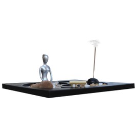 Zen Garden Deluxe Desk Meditation Garden Yin Yang Base with Silver Statue, Sand, Rocks, Rake, Incense and Incense Burner - Peace & Tranquility