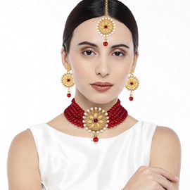 Aheli Kundan Pearl Choker Multi Layered Collar Pendientes con Manng Tikka Set Joyería de boda tradicional india para mujeres niñas (granate)