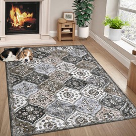 GarveeHome Area Rug 4x6 Washable Rugs for Living Room Vintage Oriental Rug Non Slip Low Pile Rugs for Bedroom Home Decor, Brown/Grey