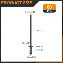 uxcell 60Pcs 3/32"x5/16" Round Head Blind Rivets, Zinc-Plated Carbon Steel Grip and Mandrel Cap Blind Rivets, Black